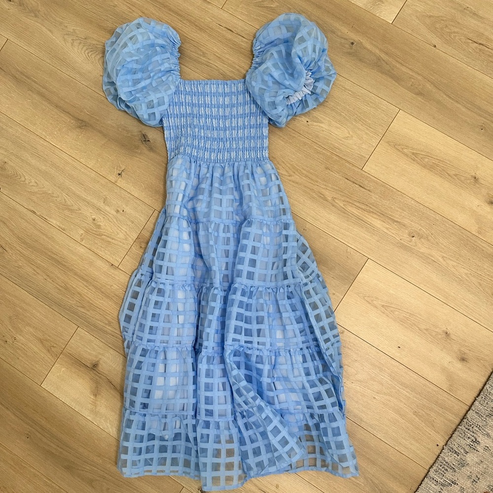 Gingham & Heels Light Blue Puff Sleeve Midi Dress Size Small